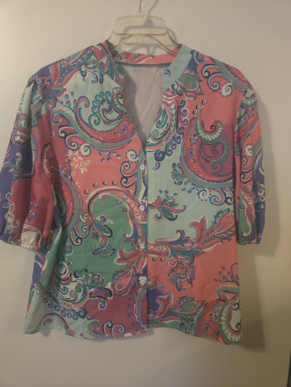 SHEIN Multi-Color Paisley Print V-Neck Button-Up Blouse - 3/4 Sleeve Top